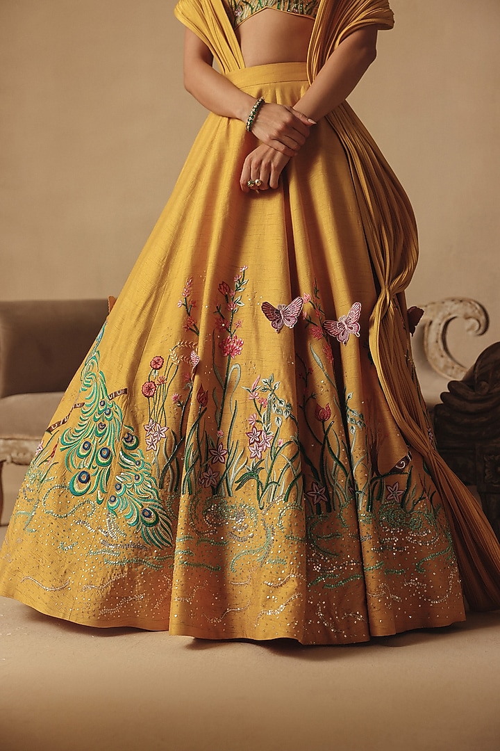 Mustard Yellow Bamberg Silk Hand Embroidered Wedding Lehenga Set by Rishika Singh at Pernia's Pop Up Shop