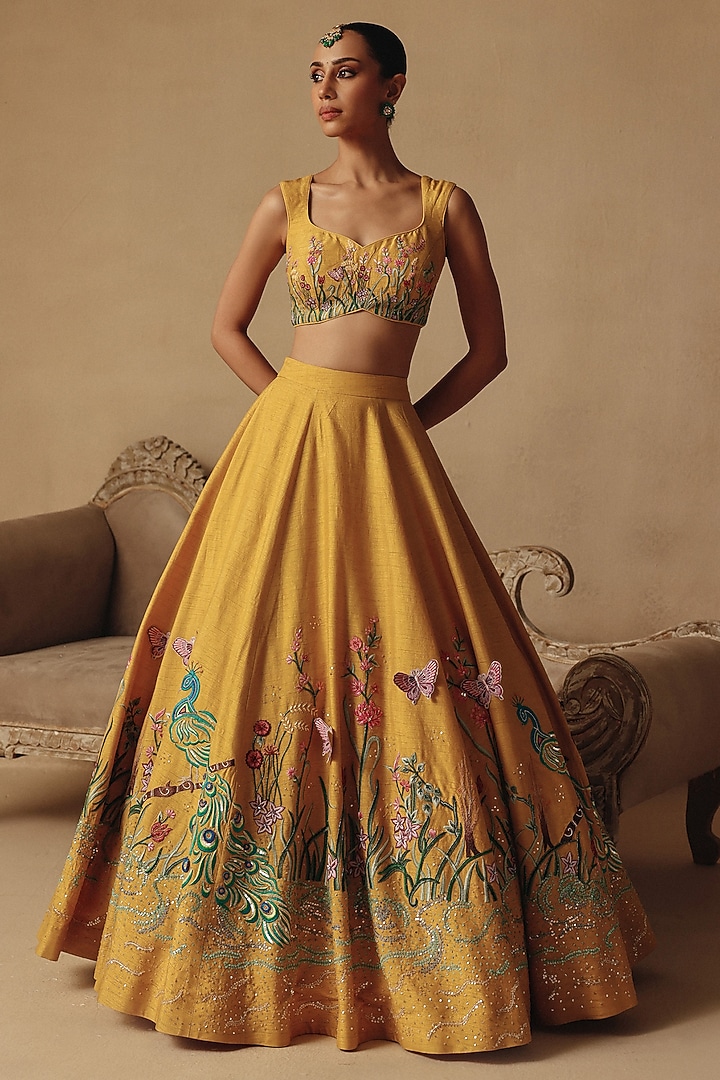 Mustard Yellow Bamberg Silk Hand Embroidered Wedding Lehenga Set by Rishika Singh at Pernia's Pop Up Shop