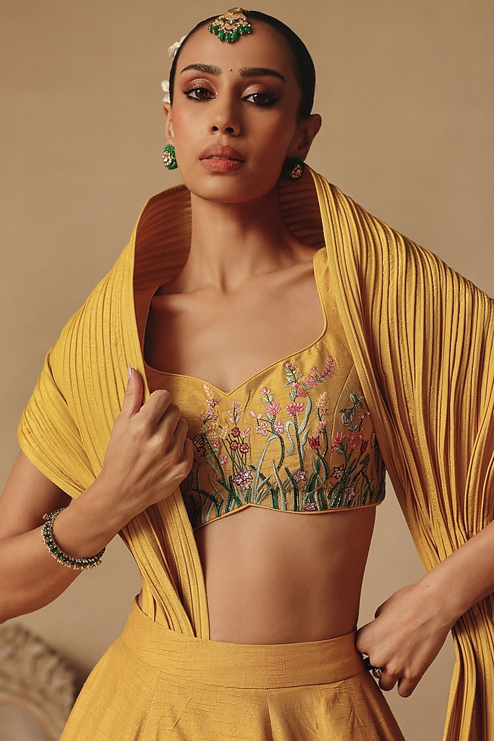Mustard Yellow Bamberg Silk Hand Embroidered Wedding Lehenga Set by Rishika Singh at Pernia's Pop Up Shop
