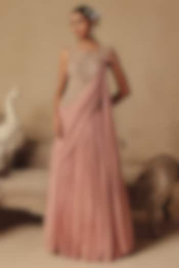 Blush Pink Silk Organza Hand Embroidered Wedding Gown Saree by Rishika Singh at Pernia's Pop Up Shop