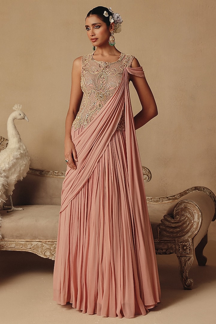Blush Pink Silk Organza Hand Embroidered Wedding Gown Saree by Rishika Singh at Pernia's Pop Up Shop