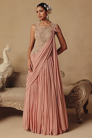 Blush Pink Silk Organza Hand Embroidered Gown Saree by Rishika Singh