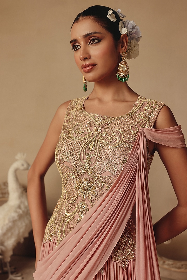 Blush Pink Silk Organza Hand Embroidered Wedding Gown Saree by Rishika Singh at Pernia's Pop Up Shop