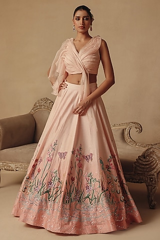 Pink Bamberg Silk & Organza Hand Embroidered Lehenga Set by Rishika Singh