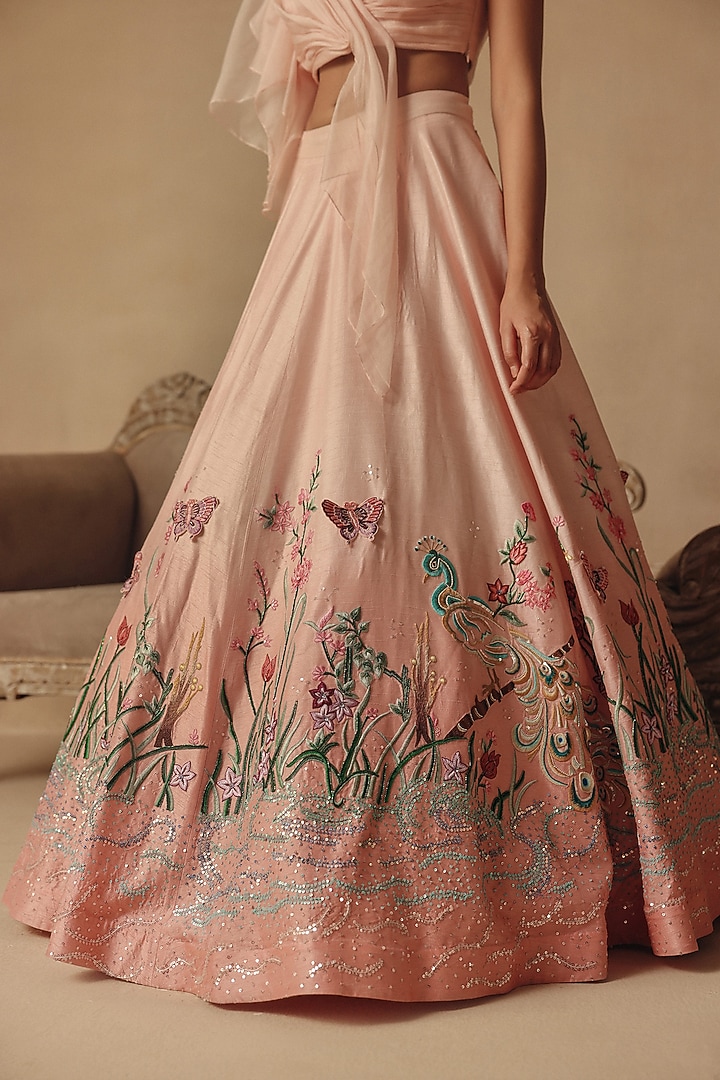 Pink Bamberg Silk & Organza Hand Embroidered Wedding Lehenga Set by Rishika Singh at Pernia's Pop Up Shop