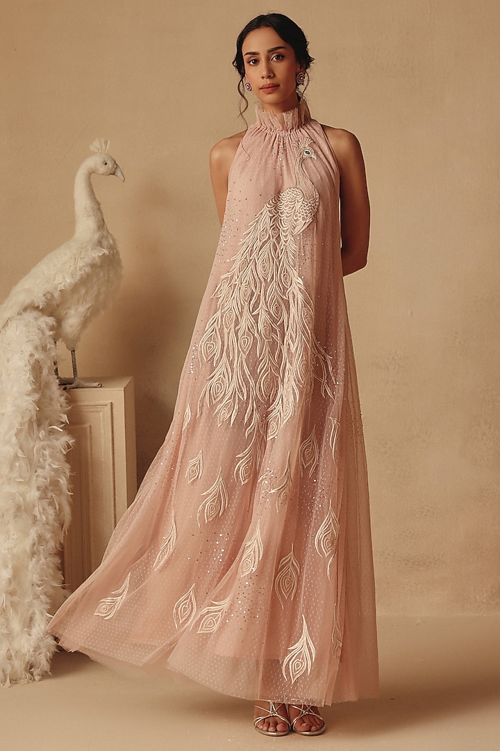 Pink Net Embroidered Maxi Vacation Dress by Rishika Singh at Pernia's Pop Up Shop