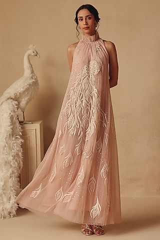 Pink Net Embroidered Maxi Dress by Rishika Singh
