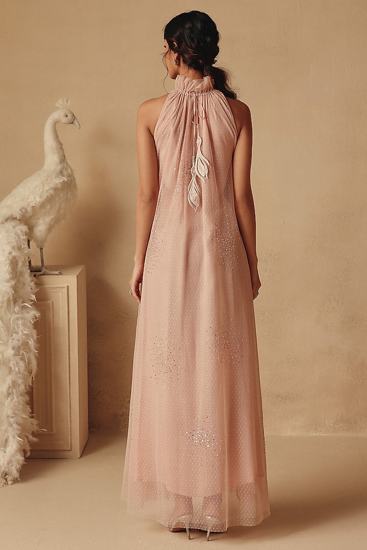 Pink Net Embroidered Maxi Vacation Dress by Rishika Singh at Pernia's Pop Up Shop