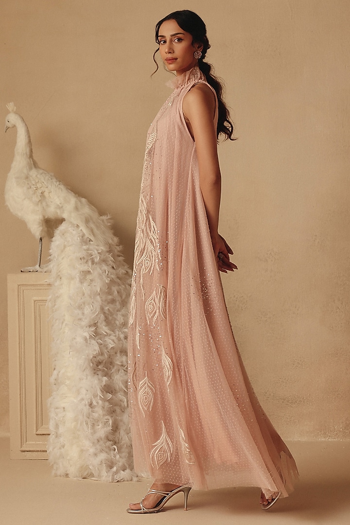 Pink Net Embroidered Maxi Vacation Dress by Rishika Singh at Pernia's Pop Up Shop