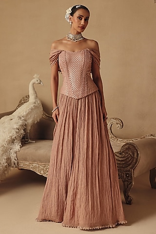 Pink Crushed Tissue Lehenga Set by Rishika Singh