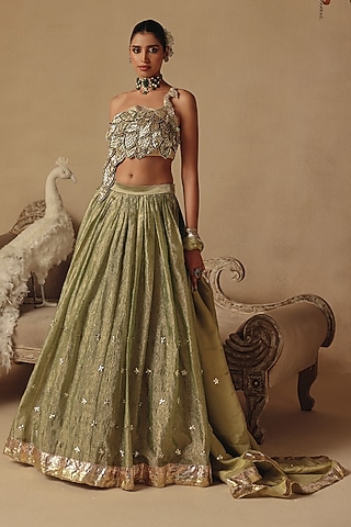 Green Tissue Lehenga Set by Rishika Singh