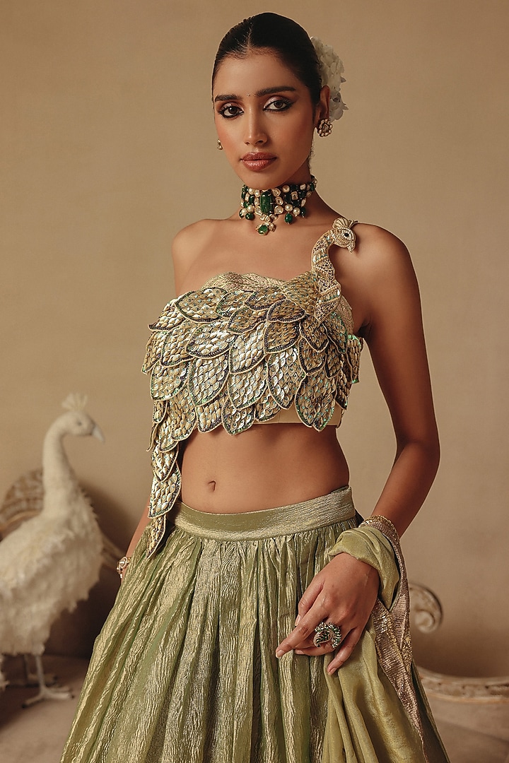 Green Tissue Wedding Lehenga Set by Rishika Singh at Pernia's Pop Up Shop