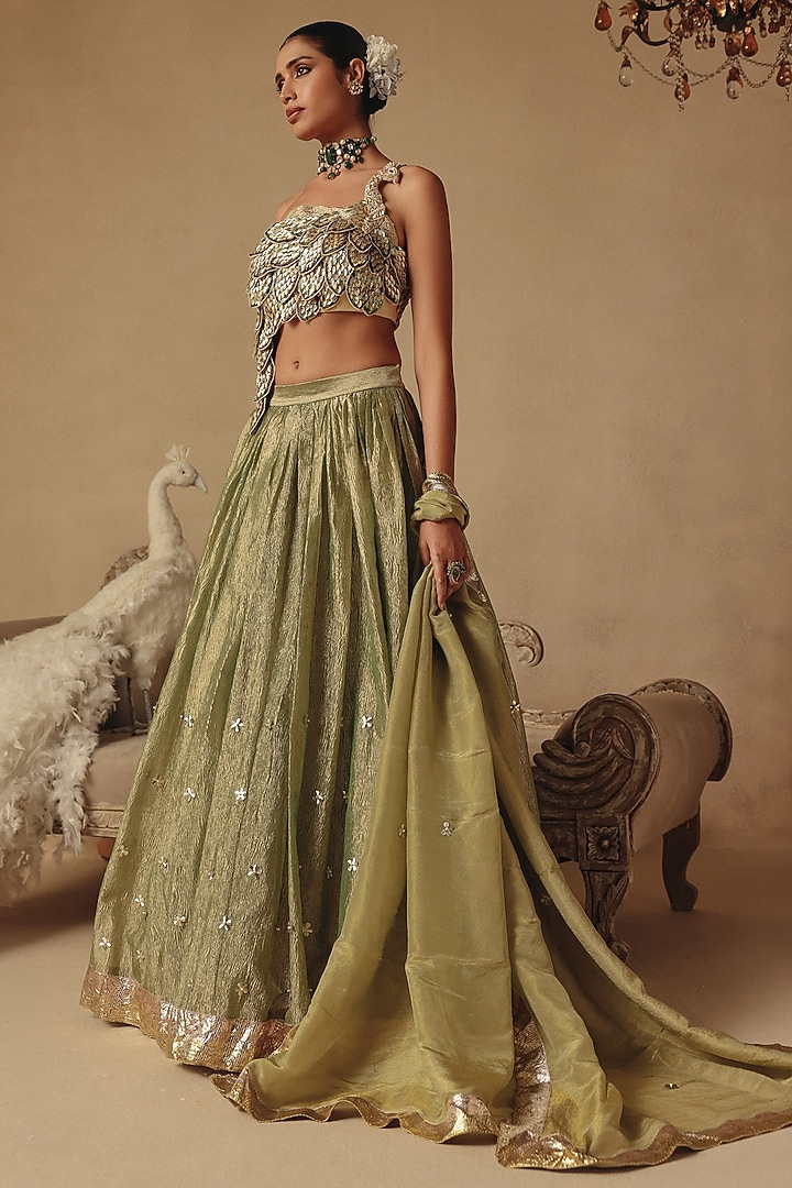 Green Tissue Wedding Lehenga Set by Rishika Singh at Pernia's Pop Up Shop