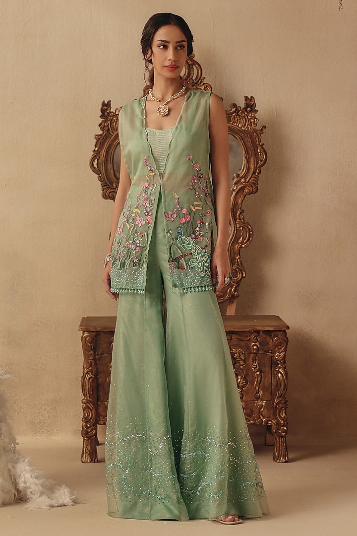 Green Organza Embroidered Wedding Sharara Set by Rishika Singh at Pernia's Pop Up Shop