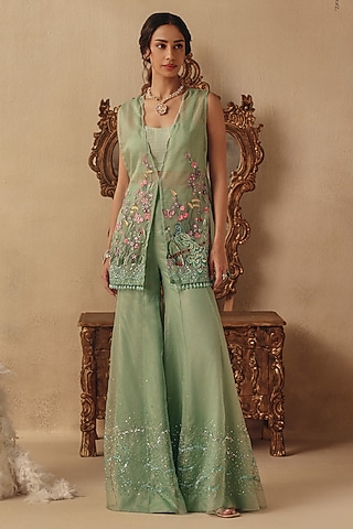 Green Organza Embroidered Sharara Set by Rishika Singh