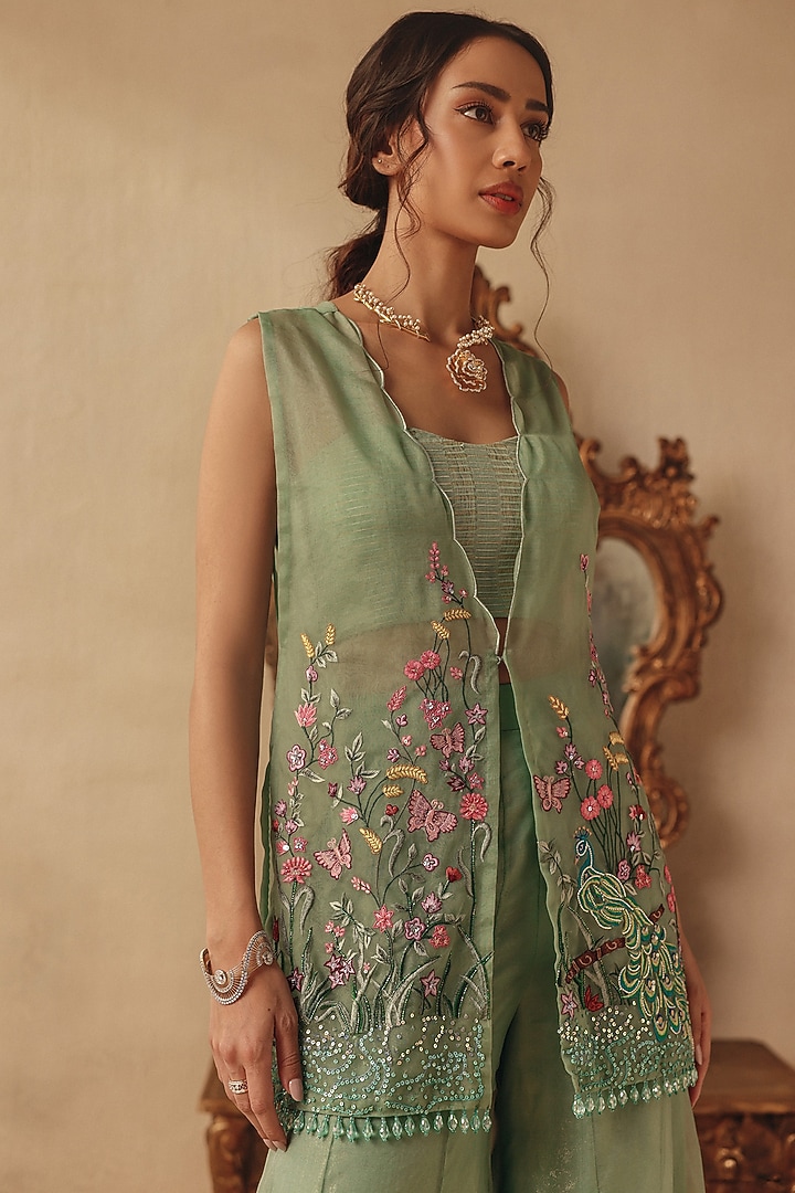 Green Organza Embroidered Wedding Sharara Set by Rishika Singh at Pernia's Pop Up Shop