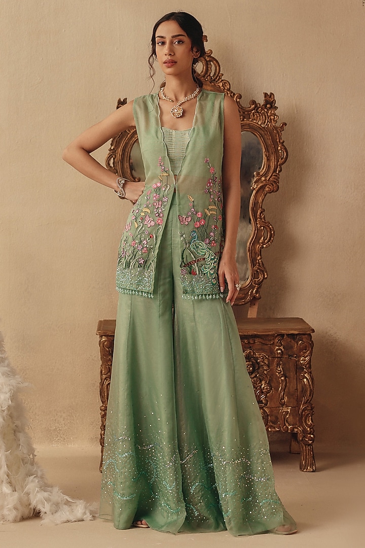 Green Organza Embroidered Wedding Sharara Set by Rishika Singh at Pernia's Pop Up Shop