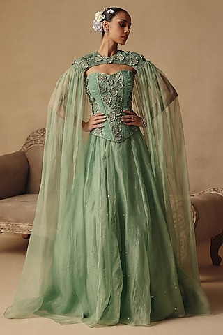 Green Organza & Net Floral Jacket Lehenga Set by Rishika Singh