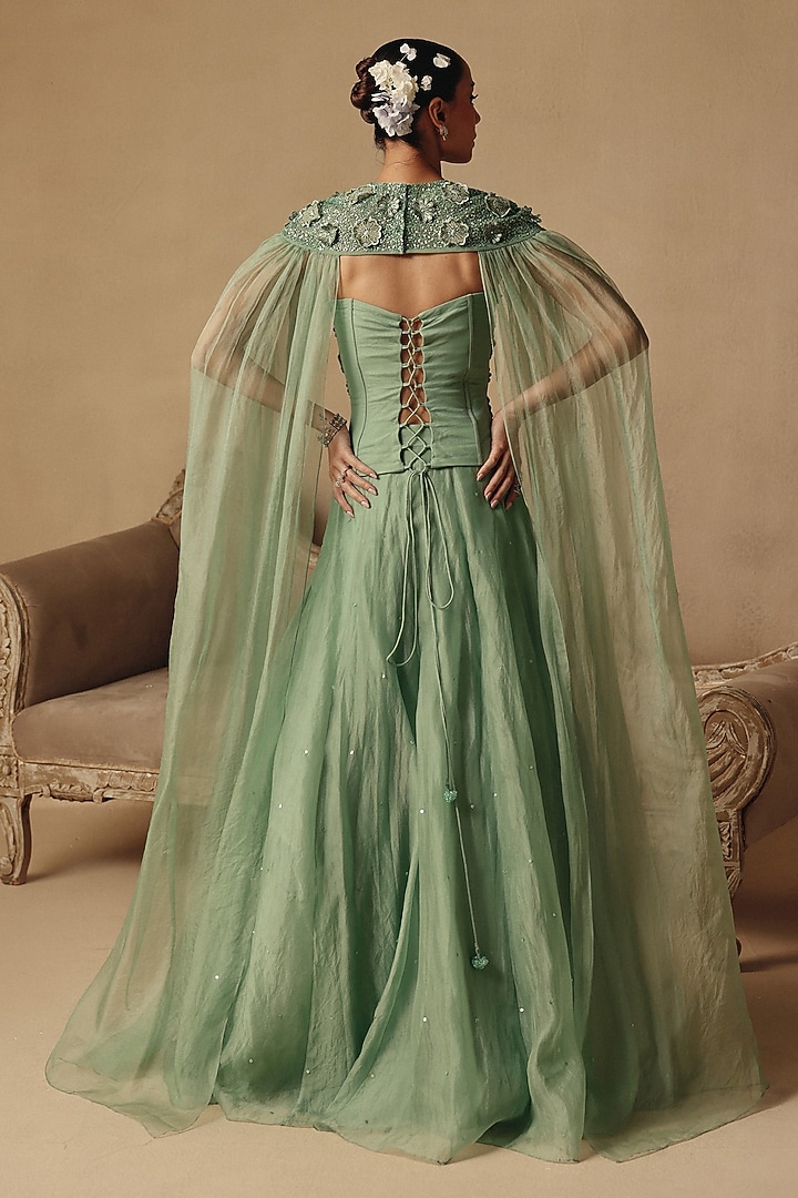 Green Organza & Net Floral Jacket Wedding Lehenga Set by Rishika Singh at Pernia's Pop Up Shop