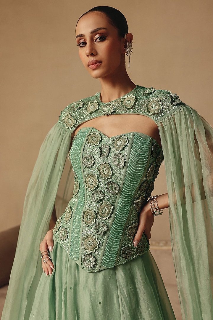 Green Organza & Net Floral Jacket Wedding Lehenga Set by Rishika Singh at Pernia's Pop Up Shop