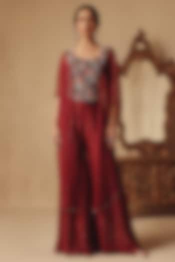 Wine Organza & Net Cape Set by Rishika Singh at Pernia's Pop Up Shop