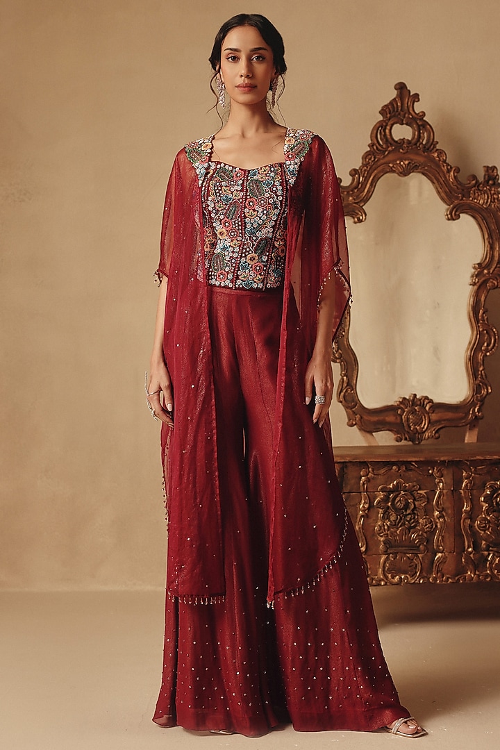 Wine Organza & Net Cape Set by Rishika Singh at Pernia's Pop Up Shop