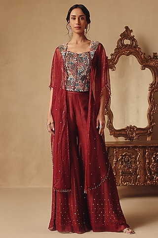 Wine Organza & Net Cape Set by Rishika Singh