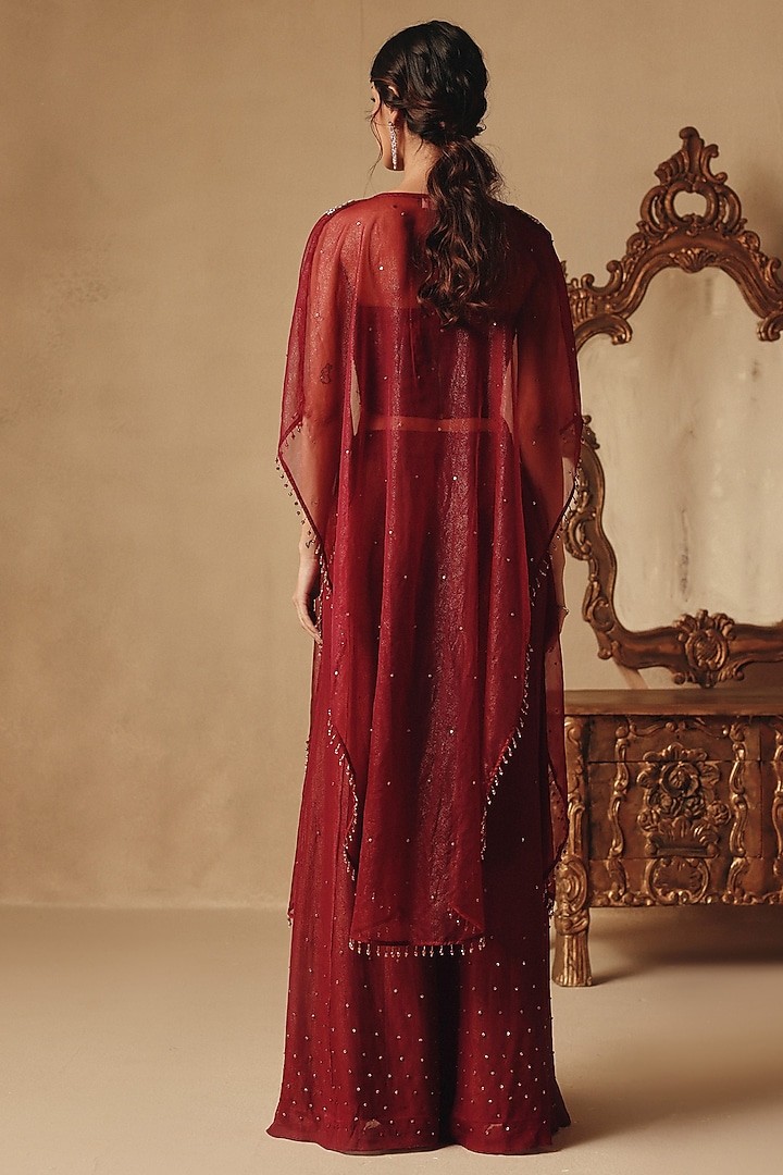 Wine Organza & Net Cape Set by Rishika Singh at Pernia's Pop Up Shop
