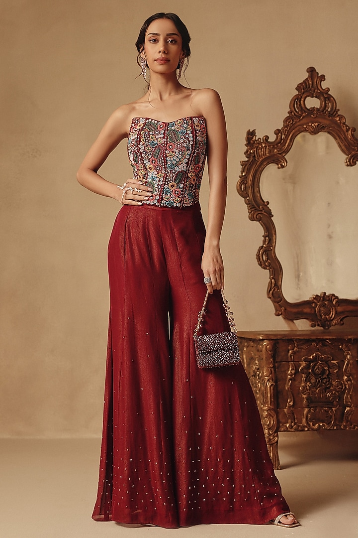 Wine Organza & Net Cape Set by Rishika Singh at Pernia's Pop Up Shop