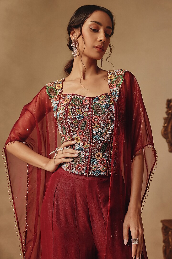 Wine Organza & Net Cape Set by Rishika Singh at Pernia's Pop Up Shop