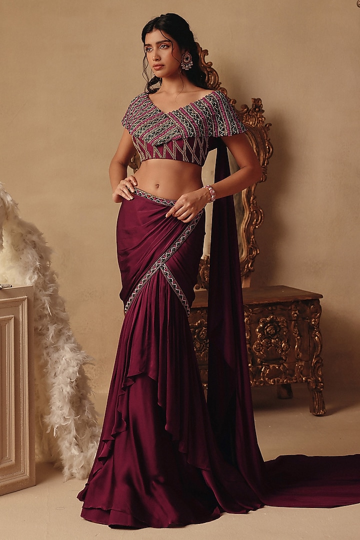 Wine Net & Satin Georgette Draped Skirt Wedding Saree Set by Rishika Singh at Pernia's Pop Up Shop