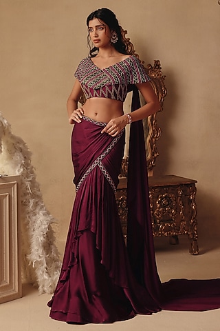 Wine Net & Satin Georgette Draped Skirt Saree Set by Rishika Singh