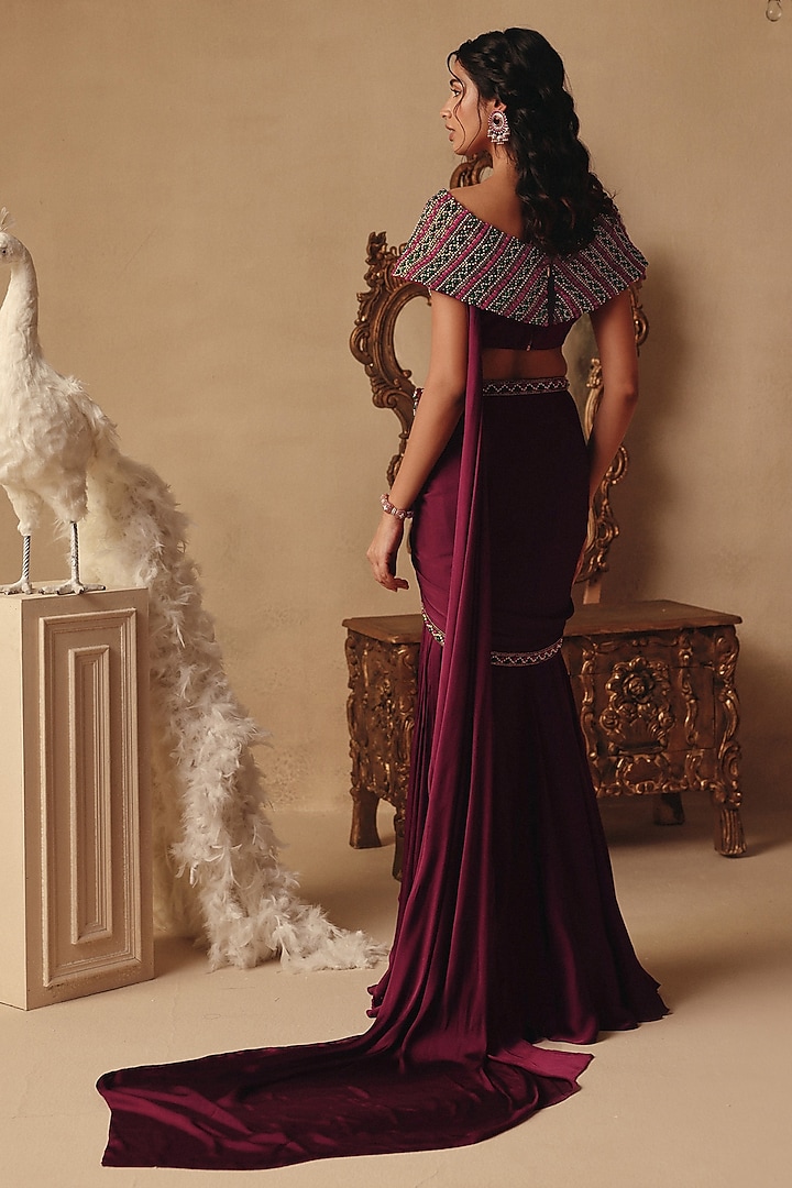 Wine Net & Satin Georgette Draped Skirt Wedding Saree Set by Rishika Singh at Pernia's Pop Up Shop