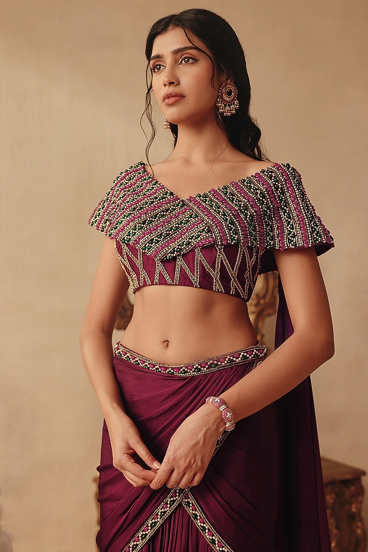 Wine Net & Satin Georgette Draped Skirt Wedding Saree Set by Rishika Singh at Pernia's Pop Up Shop