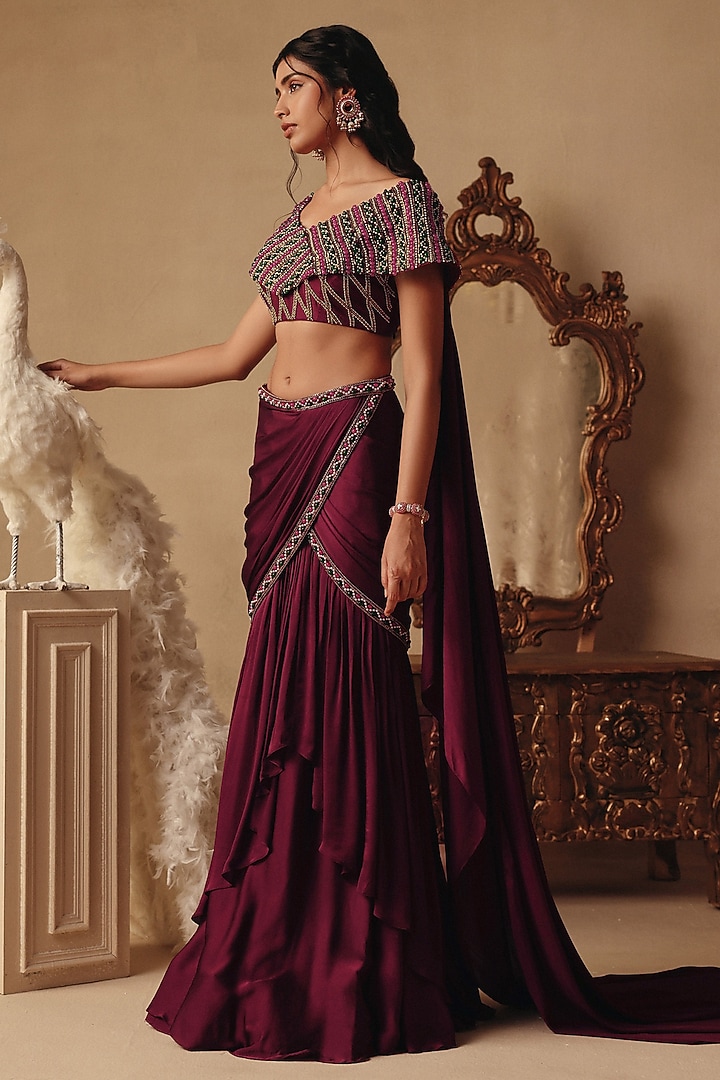 Wine Net & Satin Georgette Draped Skirt Wedding Saree Set by Rishika Singh at Pernia's Pop Up Shop