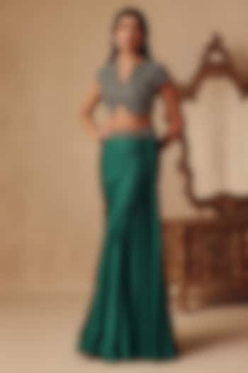 Emerald Green Net & Satin Georgette Skirt Set by Rishika Singh at Pernia's Pop Up Shop