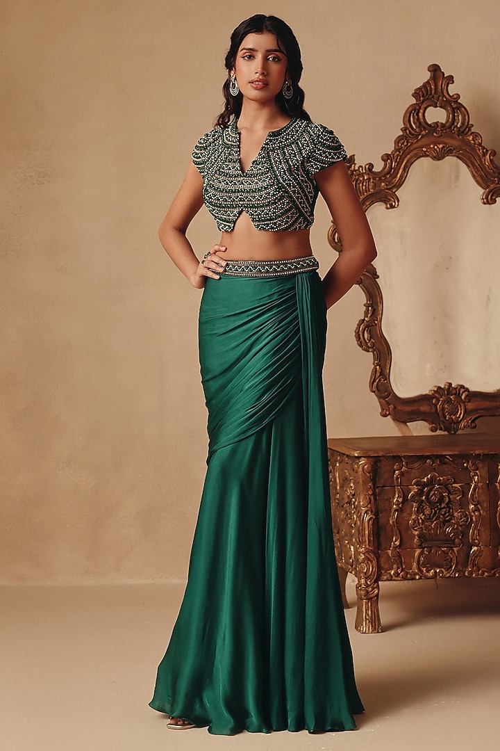 Emerald Green Net & Satin Georgette Skirt Set by Rishika Singh at Pernia's Pop Up Shop