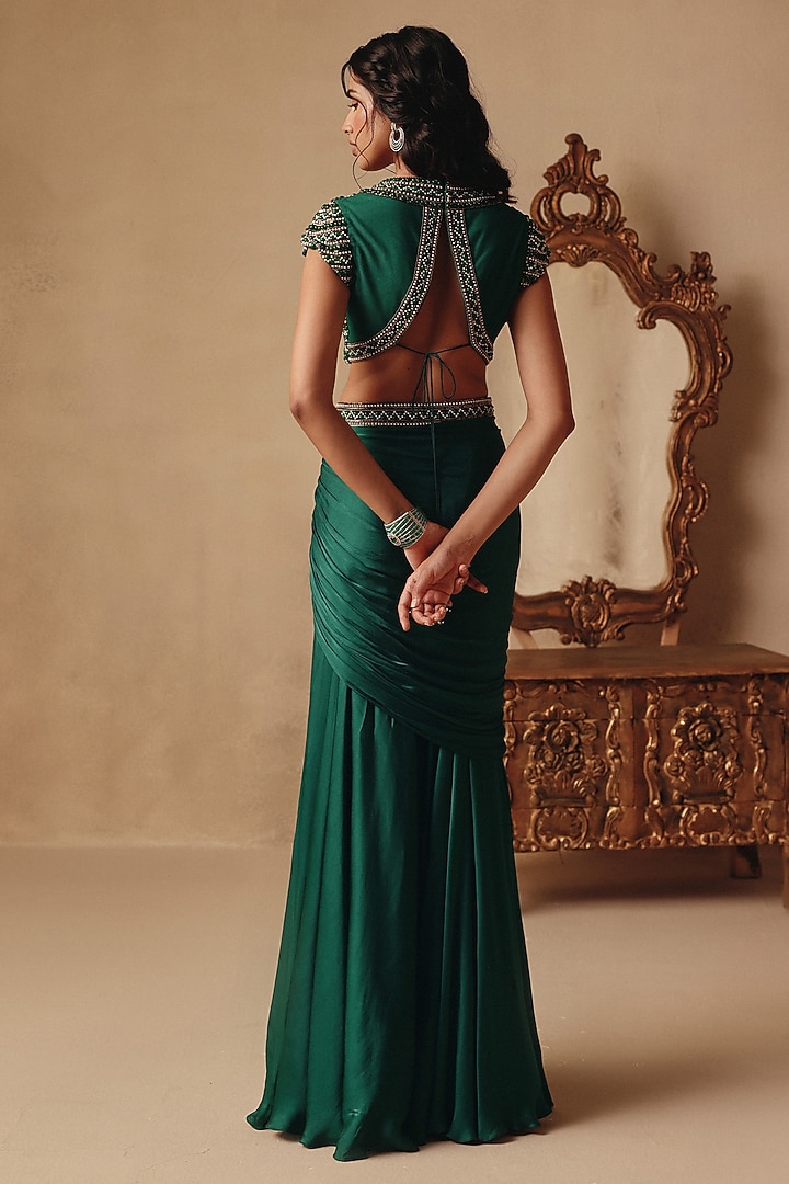 Emerald Green Net & Satin Georgette Skirt Set by Rishika Singh at Pernia's Pop Up Shop