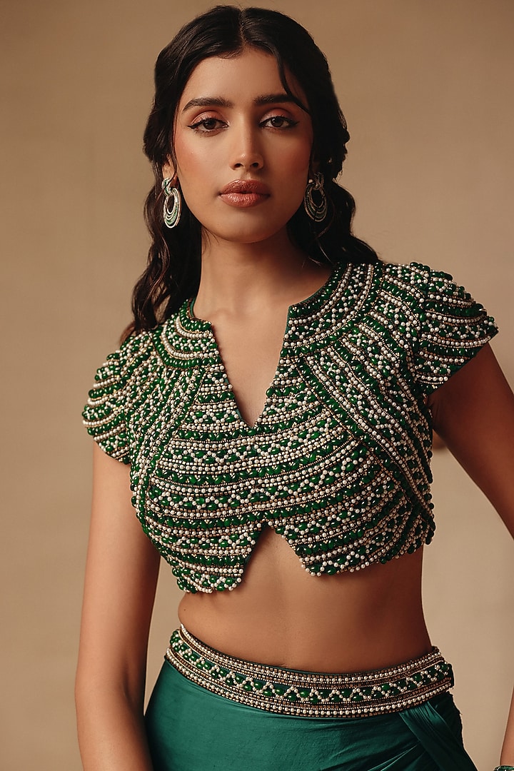Emerald Green Net & Satin Georgette Skirt Set by Rishika Singh at Pernia's Pop Up Shop