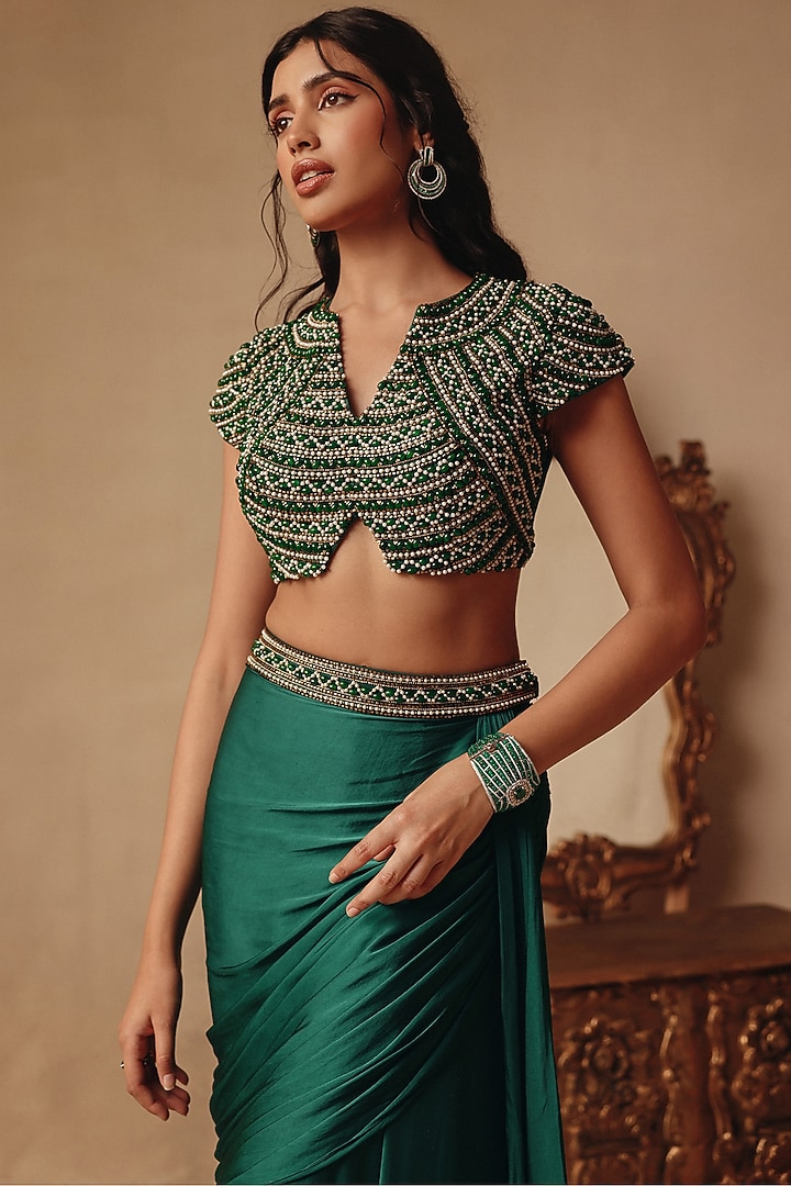 Emerald Green Net & Satin Georgette Skirt Set by Rishika Singh at Pernia's Pop Up Shop