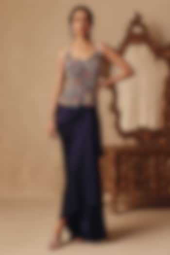 Blue Dupion Silk & Satin Draped Skirt Set by Rishika Singh at Pernia's Pop Up Shop
