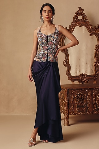 Blue Dupion Silk & Satin Draped Skirt Set by Rishika Singh