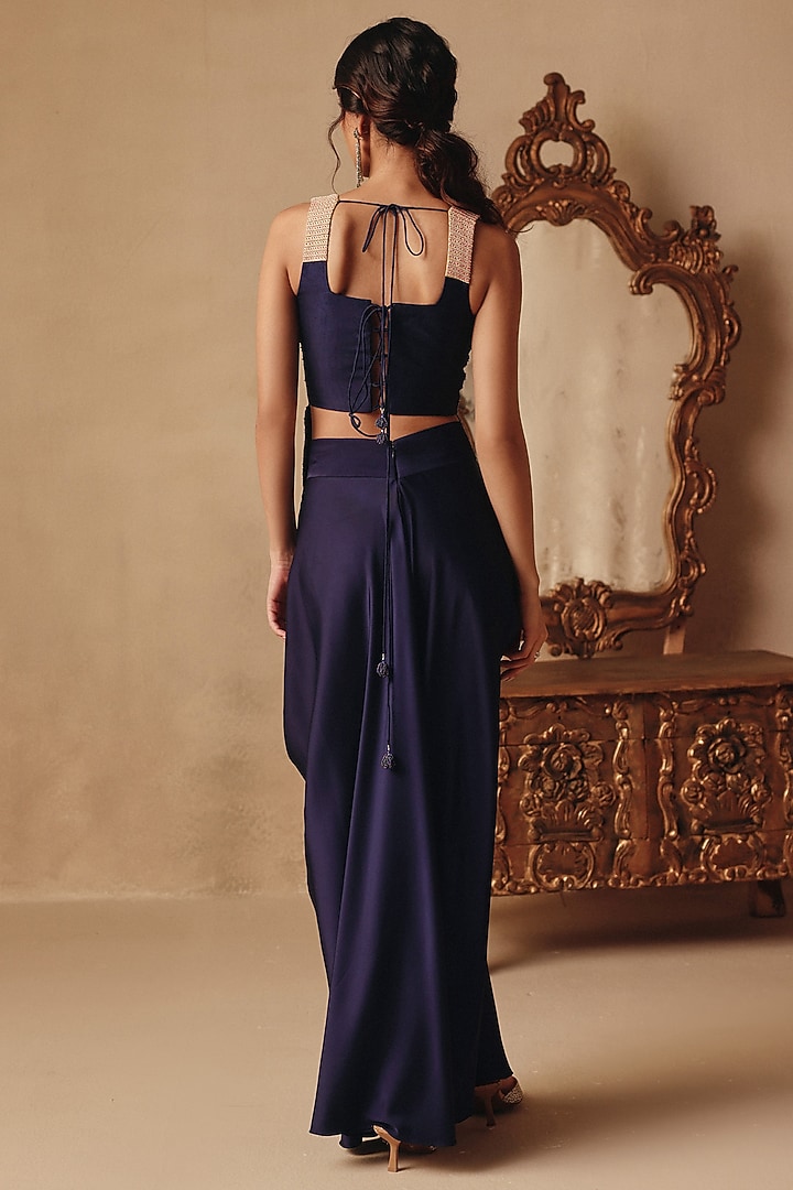 Blue Dupion Silk & Satin Draped Skirt Set by Rishika Singh at Pernia's Pop Up Shop