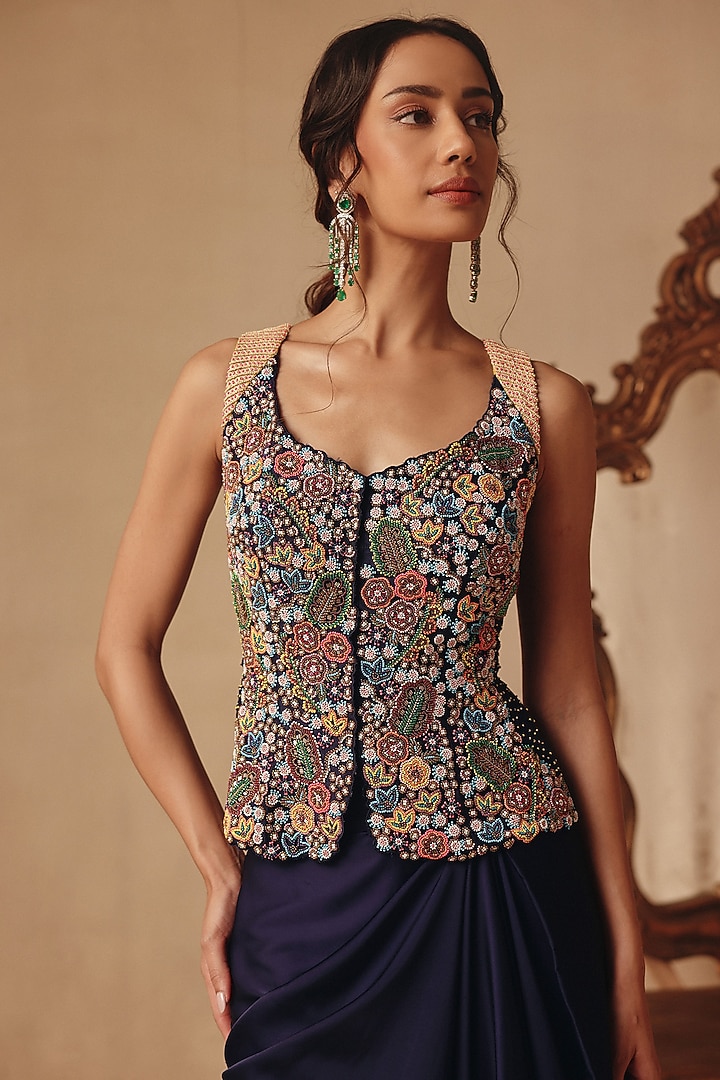 Blue Dupion Silk & Satin Draped Skirt Set by Rishika Singh at Pernia's Pop Up Shop