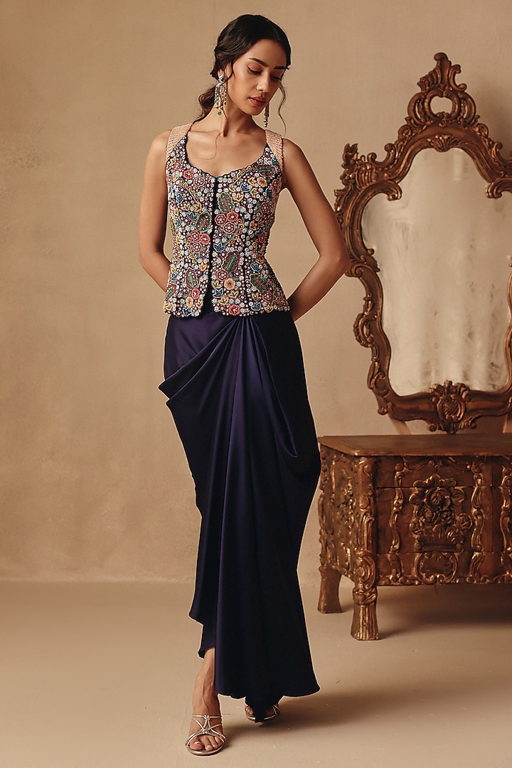 Blue Dupion Silk & Satin Draped Skirt Set by Rishika Singh at Pernia's Pop Up Shop