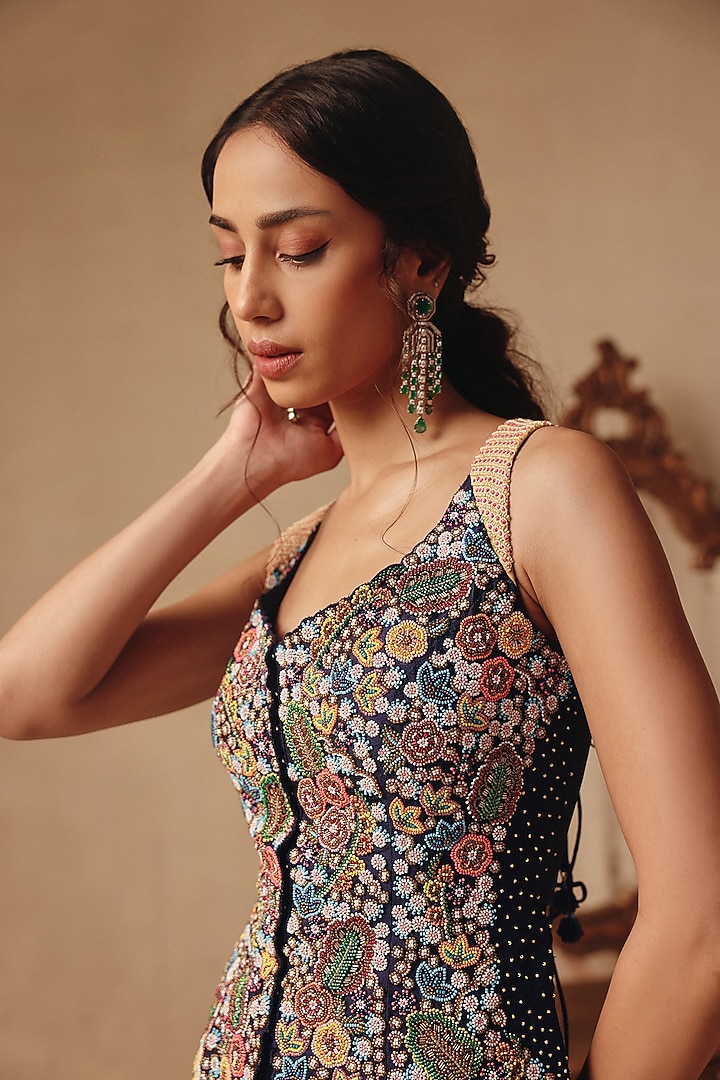Blue Dupion Silk & Satin Draped Skirt Set by Rishika Singh at Pernia's Pop Up Shop