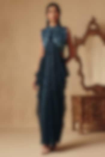 Blue Platinoir Crepe & Chanderi Hand Embroidered Wedding Gown Saree by Rishika Singh at Pernia's Pop Up Shop