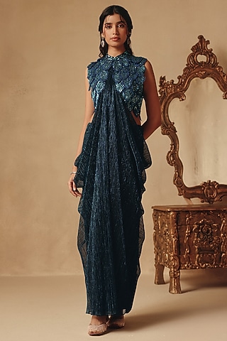 Blue Platinoir Crepe & Chanderi Hand Embroidered Gown Saree by Rishika Singh
