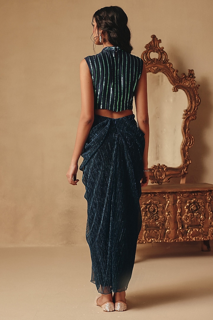Blue Platinoir Crepe & Chanderi Hand Embroidered Wedding Gown Saree by Rishika Singh at Pernia's Pop Up Shop