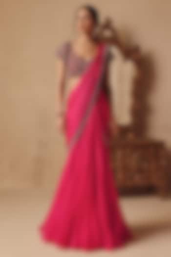 Fuchsia Pink Net & Satin Georgette Pre-Draped Wedding Saree Set by Rishika Singh at Pernia's Pop Up Shop
